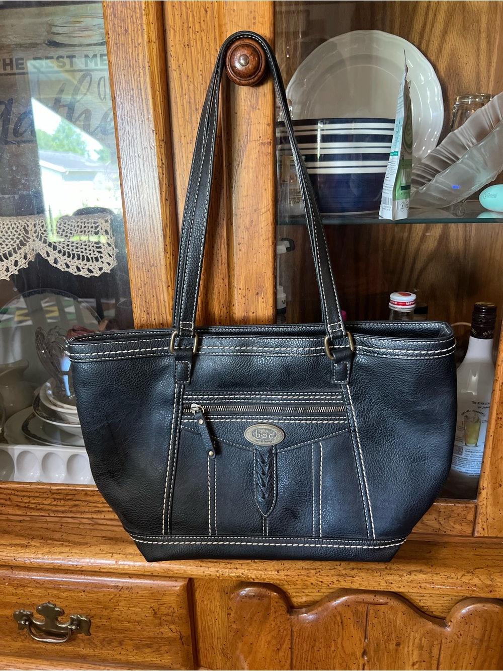 b.o.c. Black Leather Tote with White Contrast Stitching